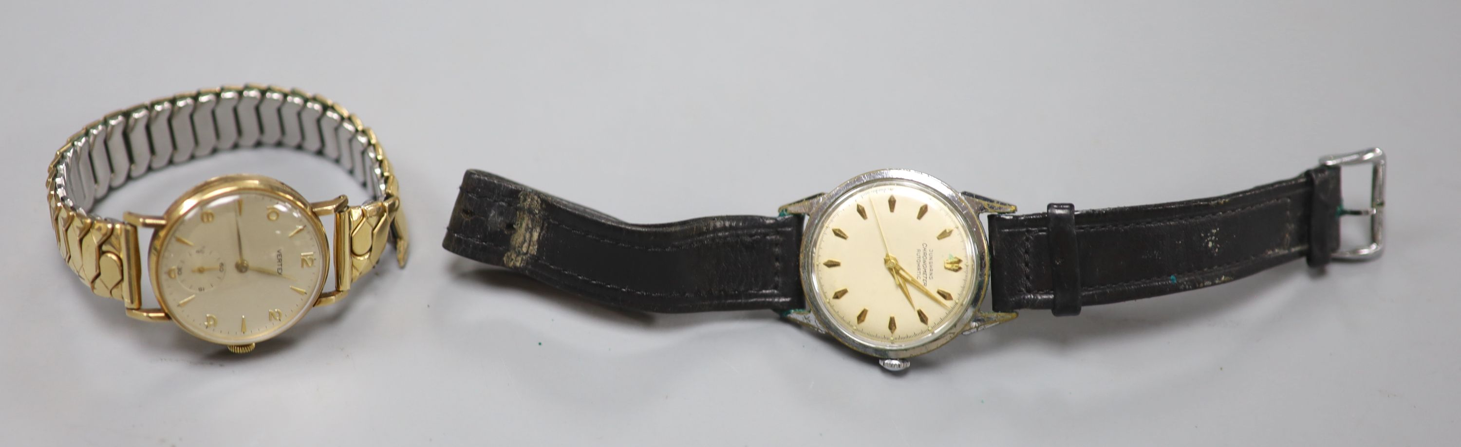 A gentlemans 9ct gold Vertex manual wind wrist watch, with case back inscription & a Junghans steel watch.